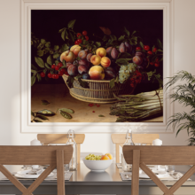 Jitterbug's wallpaper mural of Louise Moillon's painting, Still Life with a Basket of Fruit and a Bunch of Asparagus, hangs on the wall of a dining area.