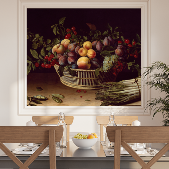 Jitterbug's wallpaper mural of Louise Moillon's painting, Still Life with a Basket of Fruit and a Bunch of Asparagus, hangs on the wall of a dining area.