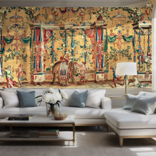 Jitterbug's wallpaper mural of Jean-Baptiste Monnoyer's tapestry design, The Elephant from a set of five Grotesques, hangs on the wall of a living room.