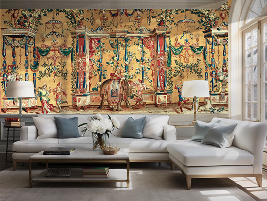 Jitterbug's wallpaper mural of Jean-Baptiste Monnoyer's tapestry design, The Elephant from a set of five Grotesques, hangs on the wall of a living room.