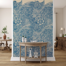 Jitterbug's wallpaper mural of William Morris' block print, Marigold, hangs on the wall of a hallway.
