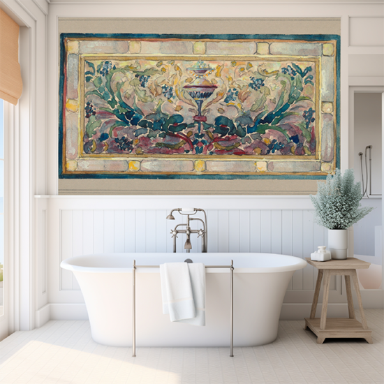 Jitterbug's wallpaper mural of Alice Cordelia Morse's drawing Design for Stained Glass hangs in a bathroom over a bathtub.