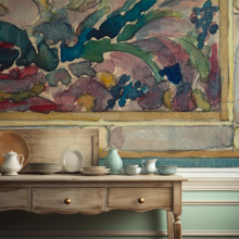 Jitterbug's wallpaper Mural of Alice Cordelia Morse's drawing Design for Stained Glass hangs in a kitchen over a table.