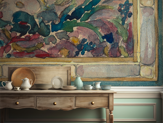 Jitterbug's wallpaper Mural of Alice Cordelia Morse's drawing Design for Stained Glass hangs in a kitchen over a table.