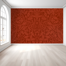 Jitterbug’s wallpaper mural of William Morris design of Acorns and oak Leaves Hangs on a wall in an empty room.
