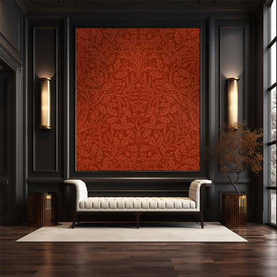 Jitterbug’s wallpaper mural of William Morris design of Acorns and oak Leaves hangs in a black room.