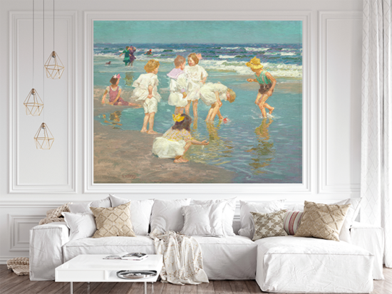 Jitterbug's wallpaper mural of Edward Henry Potthast's painting, A Holiday, hangs on the wall of a white living room.