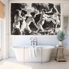 Jitterbug wallpaper mural of Camille Pissarro's painting Bathers Wrestling (Baigneuses luttants) hangs on the wall of a bathroom