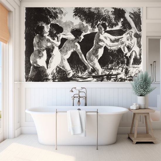 Jitterbug wallpaper mural of Camille Pissarro's painting Bathers Wrestling (Baigneuses luttants) hangs on the wall of a bathroom