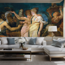 Jitterbug's wallpaper mural of Andrea Schiavone's painting, The Marriage of Cupid and Psyche, hangs in a living room.