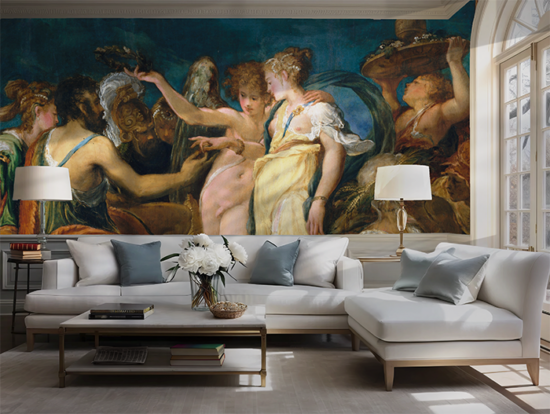 Jitterbug's wallpaper mural of Andrea Schiavone's painting, The Marriage of Cupid and Psyche, hangs in a living room.