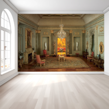 Jitterbug's wallpaper mural of Narcissa Niblack Thorne's miniature, French Salon of the Louis XIV Period, 1660-1700, hangs on the wall of a large empty room.
