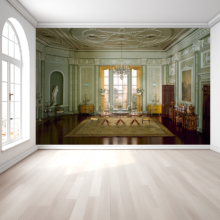 Jitterbug's wallpaper mural of Narcissa Niblack Thorne's miniature, English Dining Room of the Georgian Period, 1770-90, hangs on the wall of a large empty room.