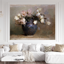 Jitterbug's wallpaper mural of Abbot Handerson Thayer's painting, Roses, hangs on the wall of a living room.