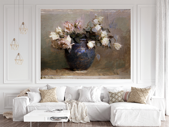Jitterbug's wallpaper mural of Abbot Handerson Thayer's painting, Roses, hangs on the wall of a living room.