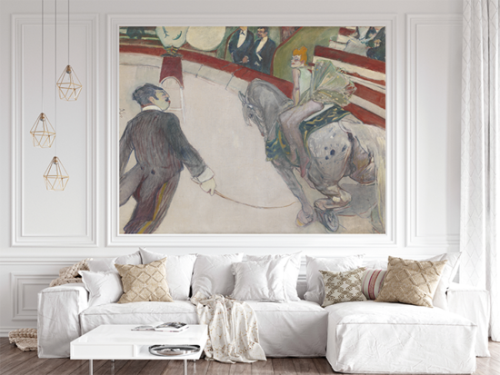 Jitterbug's wallpaper mural of Henri de Toulouse-Lautrec's painting, Equestrienne (At the Cirque Fernando), hangs on the wall of a white living room.