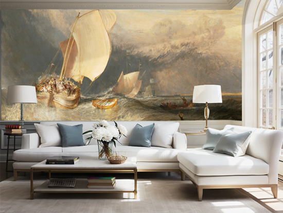 Jitterbug's wallpaper mural of Joseph Mallord William Turner's painting, Fishing Boats with Hucksters Bargaining for Fish hangs in a living room.