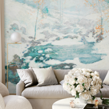 Jitterbug's wallpaper mural of John Henry Twachtman's painting, Icebound, hangs on the wall of a living room.
