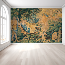 Jitterbug's wallpaper mural of the 17th c. tapestry, Apollo Exposing Mars and Venus to the Ridicule of the Olympians, hangs on the wall of an empty room.