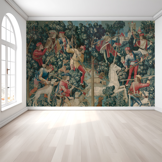 Jitterbug's wallpaper mural of the tapestry, The Unicorn Crosses a Stream, hangs on the wall of a large room.