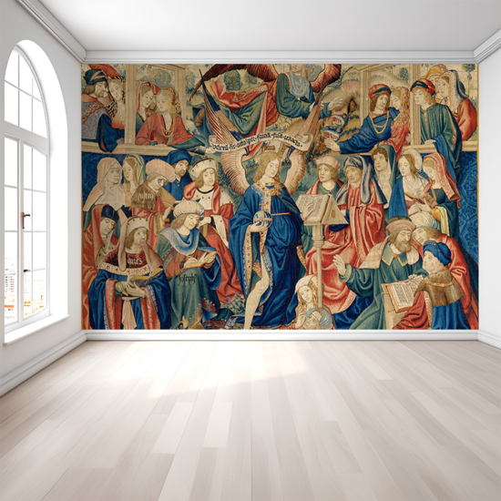 Jitterbug's wallpaper mural of the tapestry, Triumph of Fame. hangs on the wall of a large room.
