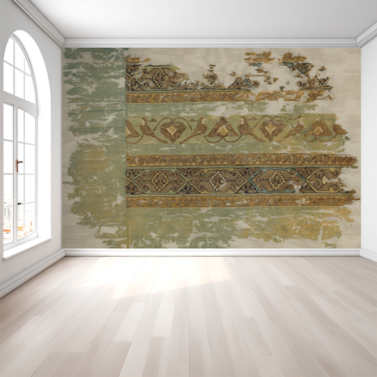 Jitterbug's wallpaper mural of an Egyptian Tiraz Fragment hangs on a large wall.