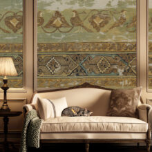 Jitterbug's wallpaper mural of an Egyptian Tiraz Fragment hangs on a large wall.