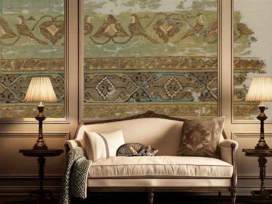 Jitterbug's wallpaper mural of an Egyptian Tiraz Fragment hangs on a large wall.