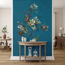 MUN-107 MOCK-UP Jitterbug's wallpaper mural of French drawing of small white flowers with a blue background hangs in a hallway.