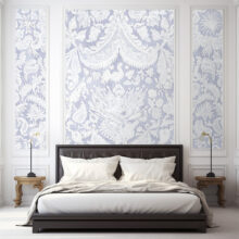 Jitterbug's wallpaper mural of 18th c. Cravat End Flemish lace hanging in a bedroom.