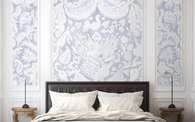 Jitterbug's wallpaper mural of 18th c. Cravat End Flemish lace hanging in a bedroom.