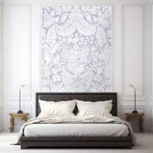 Jitterbug's wallpaper mural of 18th c. Cravat End Flemish lace hanging in a bedroom.