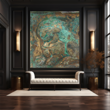 Jitterbug’s wallpaper mural of 10th c. Chinese bronze belt ornament hangs in a black living area.