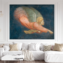 Jitterbug’s wallpaper mural of 14th century Fresco of flying angel hangs on the wall if a living room.