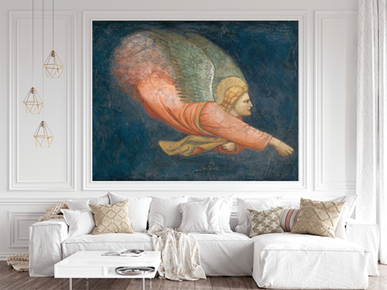Jitterbug’s wallpaper mural of 14th century Fresco of flying angel hangs on the wall if a living room.