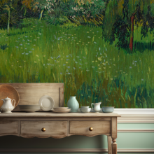 Jitterbug’s wall paper mural of Vincent van Gogh's painting, The Poet's Garden hangs on the wall of a kitchen. This is a closeup of the mural.