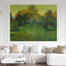 Jitterbug’s wall paper mural of Vincent van Gogh's painting, The Poet's Garden hangs on the wall of a living room.