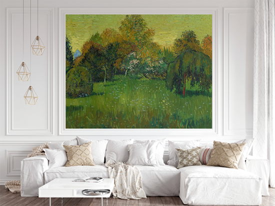 Jitterbug’s wall paper mural of Vincent van Gogh's painting, The Poet's Garden hangs on the wall of a living room.
