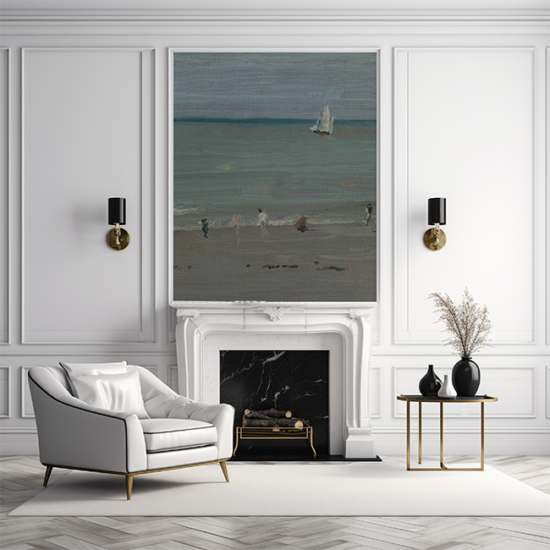 Jitterbug’s wallpaper mural of James McNeill Whistler painting, Coast Scene, Bathers hangs on the wall over a fireplace.