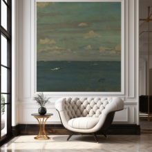 Sitting area with a white chair next to a window. Jitterbug's wallpaper mural of James McNeill Whistler's painting, Violet and Silver - The Deep Sea hangs on the wall.