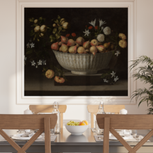 Jitterbug's wallpaper mural of Juan de Zurbarán's painting, Flowers and Fruit in a Chinese Bowl, hangs on the wall of a dining room.