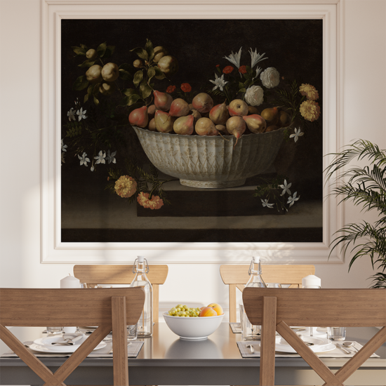 Jitterbug's wallpaper mural of Juan de Zurbarán's painting, Flowers and Fruit in a Chinese Bowl, hangs on the wall of a dining room.