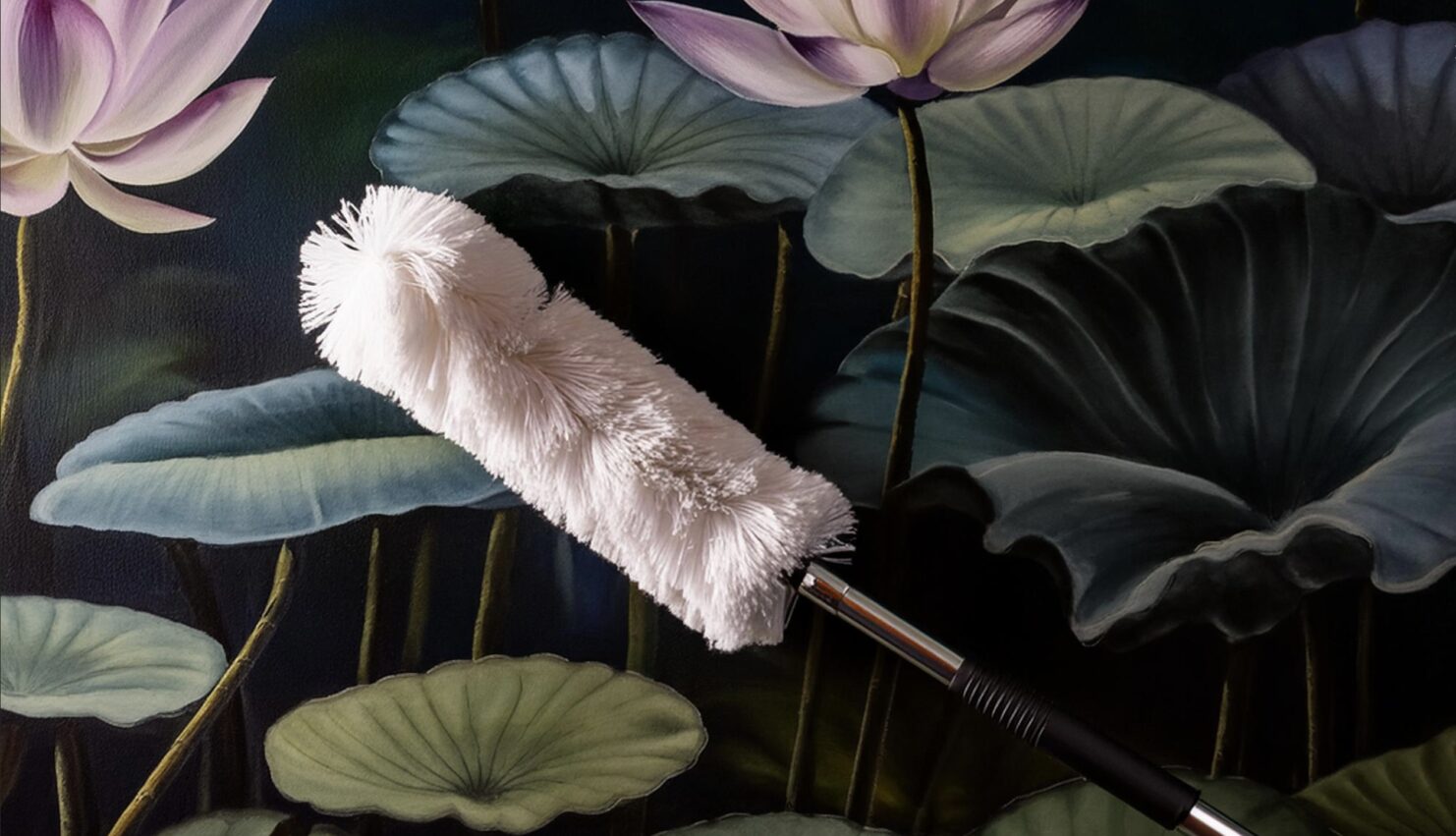 A microfiber duster on a long pole dusts a wallpaper mural.