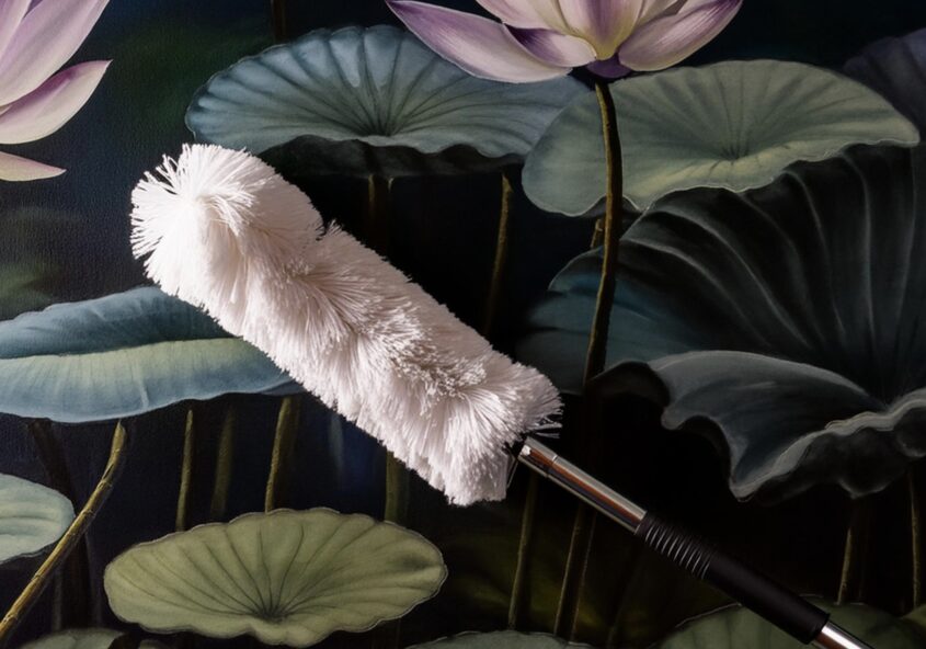 A microfiber duster on a long pole dusts a wallpaper mural.
