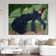 A Jitterbug wallpaper mural of Jove Decadence by R Casas hangs on a wall.