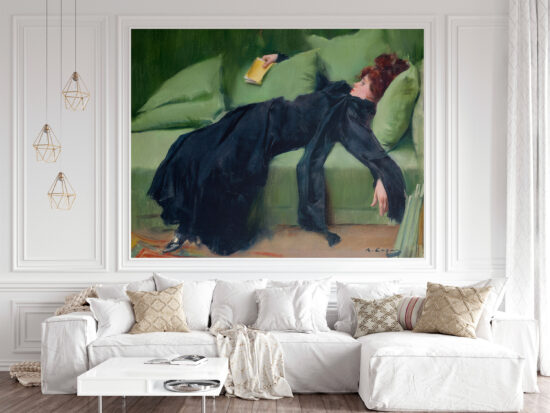 A Jitterbug wallpaper mural of Jove Decadence by R Casas hangs on a wall.