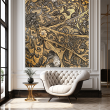 Jitterbug mural of Helmet of King Henry II of France.hangs on the wall of a sitting area.