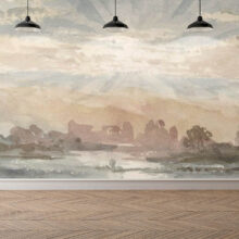 Jitterbug’s wallpaper mural of Joseph Michael Gandy’s watercolor Landscape with Rising Sun hangs on the wall.