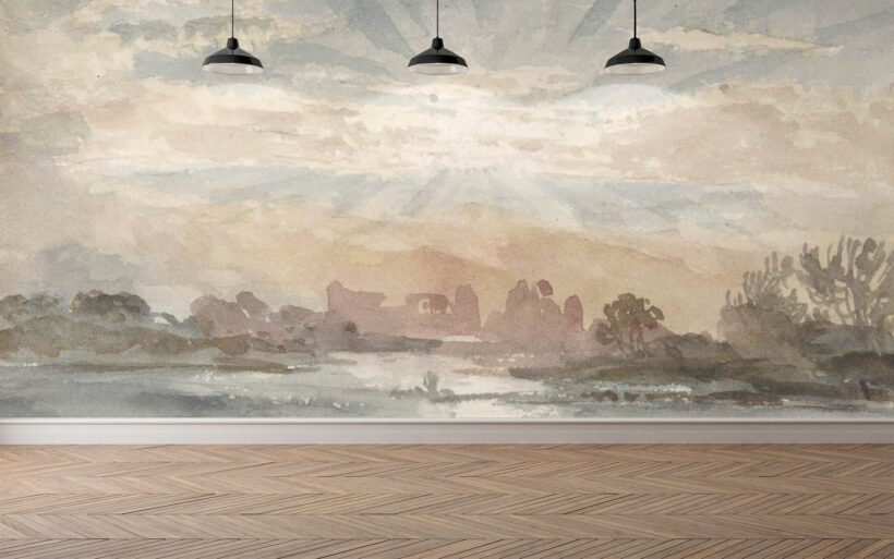 Jitterbug’s wallpaper mural of Joseph Michael Gandy’s watercolor Landscape with Rising Sun hangs on the wall.