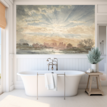 Jitterbug’s wallpaper mural of Joseph Michael Gandy’s watercolor Landscape with Rising Sun hangs on the wall if a bathroom.